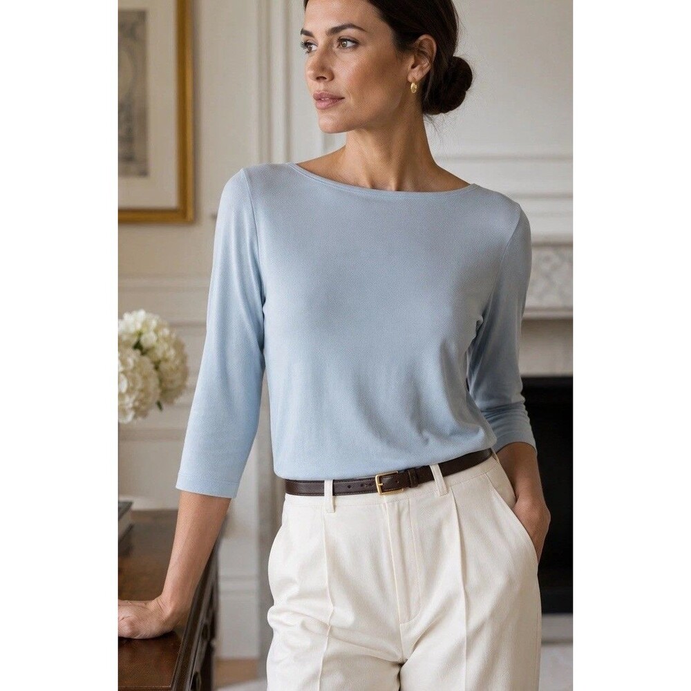 Liz Claiborne Collection 100% Silk Knit Top Ice Blue 3/4 Sleeve Women’s L